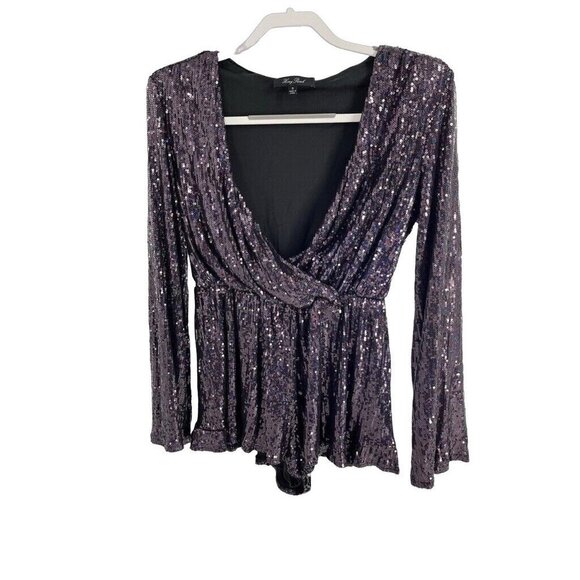 Honey Punch Purple Sequin Short Romper Size Small Holiday Party Long Sleeve - Picture 1 of 8